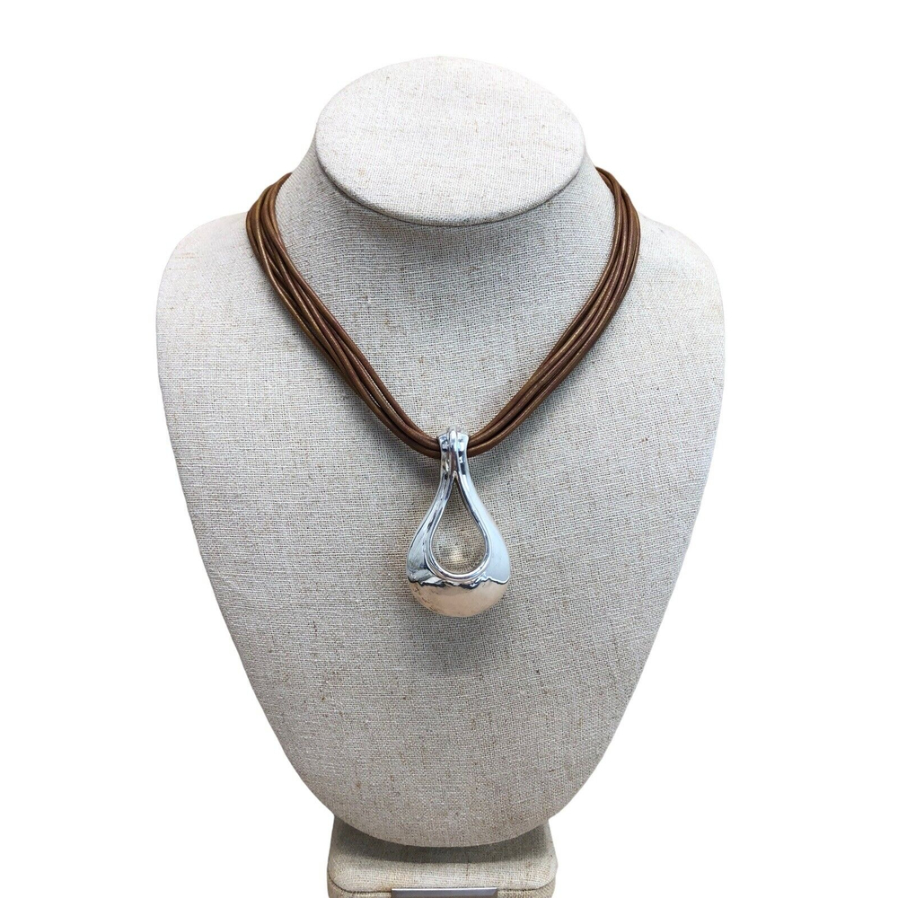 SSD SIMON SEBBAG Sterling Silver Teardrop Pendant Brown Leather Necklace